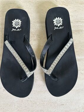 Yellow Box Black Rhinestone Strap Flip Flop Sandals